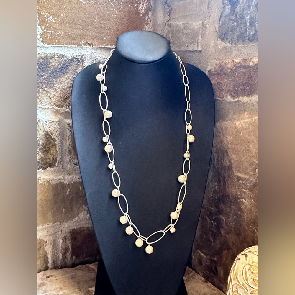 Silver White Faux Pearl Chain Necklace